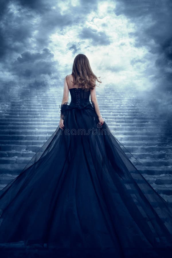 Woman in Long Dress Back Rear View Climbing Stone Stairs to Sky, Girl Raising Dark Night