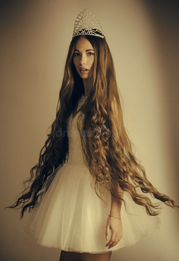 Woman with Long Hair White Dress and Crown. Stock Image - Image of hairy, lady: 116130333 Woman with Long Hair White Dress and Crown. Stock Image - Image of hairy, lady: 116130333