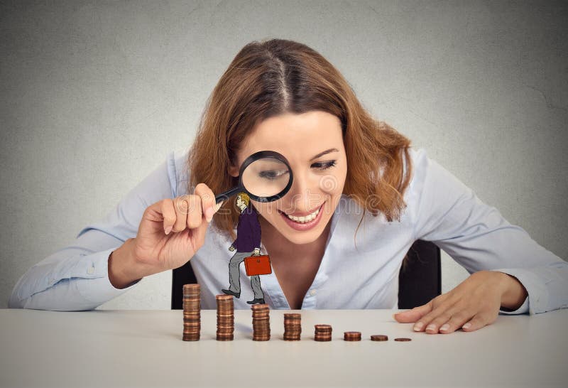 Woman looking at corporate employee walking up coin stack ladder stock photos Woman looking at corporate employee walking up coin stack ladder stock photos