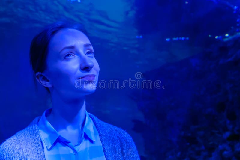 Woman Looking at Fish in Large Public Aquarium Tank at Oceanarium Stock