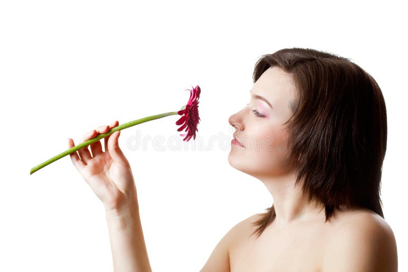 Woman looking to the flower