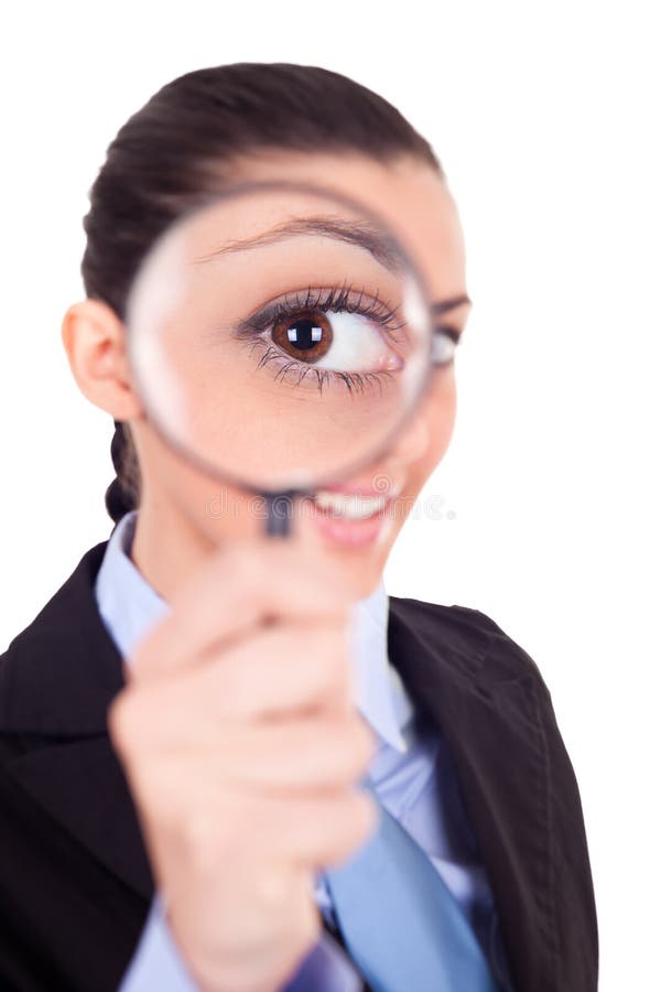 Woman looks through magnifying glass royalty free stock images Woman looks through magnifying glass royalty free stock images
