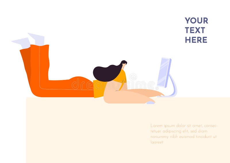 Woman lying on floor and working on computer. Female cartoon character, communication in social networks, online education royalty free illustration