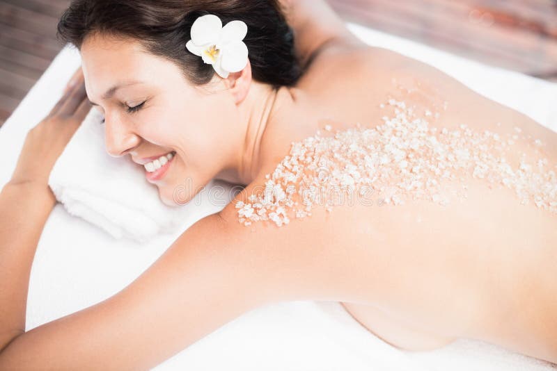 Beautiful Smiling Brunette Lying Massage Table Salt Scrub Back Stock