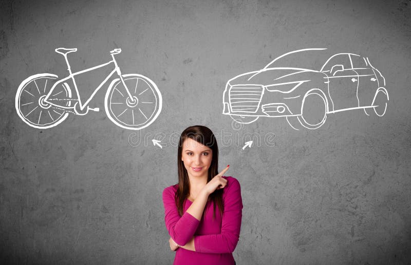 Woman making a choice between bicycle and car