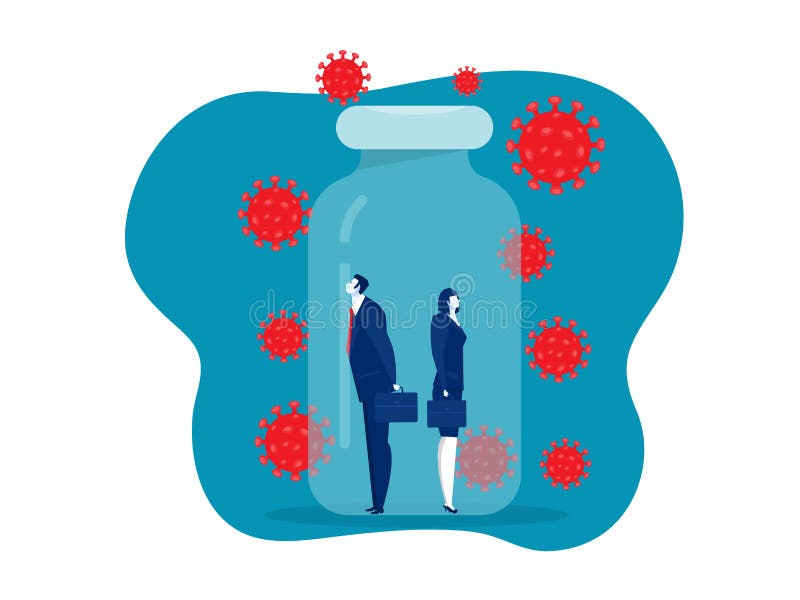 Woman and man business in vaccin bottle protect from covid 19 or coronavirus concept vector illustrator. Woman and man business in vaccin bottle protect from