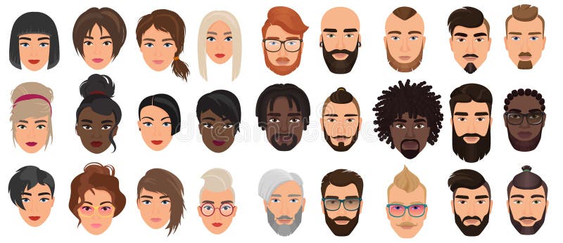 Woman man characters, facial portraits vector illustration set, cartoon flat adult people heads with different faces or