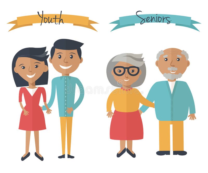 Woman and man couple generations. Family couple at different ages. Youth and seniors people on white. Vector illustration in flat style.