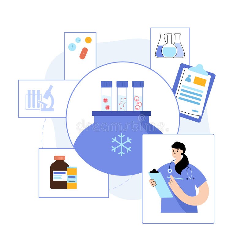 Woman and man egg cell cryopreservation. Embryo icon in tube. Sperm and ovum. Fertilisation, gynecology testing. Doctor in lab. Human sexual reproductive system. Medical poster IVF vector illustration. Woman and man egg cell cryopreservation. Embryo icon in tube. Sperm and ovum. Fertilisation, gynecology testing. Doctor in lab. Human sexual reproductive system. Medical poster IVF vector illustration