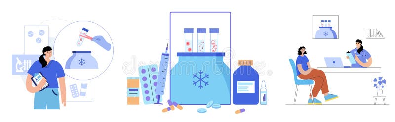 Woman and man egg cell cryopreservation. Embryo icon in tube. Sperm and ovum. Fertilisation, gynecology testing. Doctor in lab. Human sexual reproductive system. Medical poster IVF vector illustration