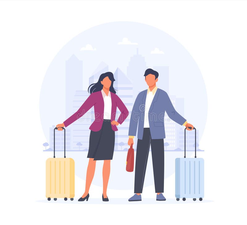 Woman and man standing with a suitcases on the city background. Business people having a business trip