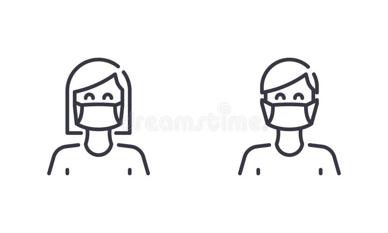 Woman and Man Wear Medical Face mask to Protect Themself from Coronavirus or Covid-19. Outline Illustration Vector. EPS 10.