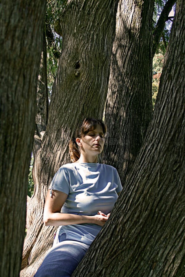 Woman meditating in a tree