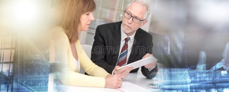 Woman meeting a consultant for advices; multiple exposure royalty free stock photography Woman meeting a consultant for advices; multiple exposure royalty free stock photography
