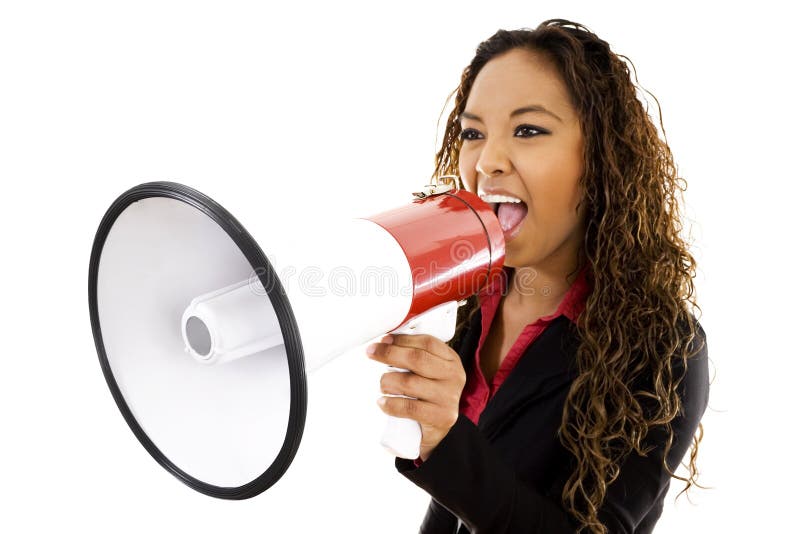 Stock image of businesswoman shouting using megaphone over white background. Stock image of businesswoman shouting using megaphone over white background