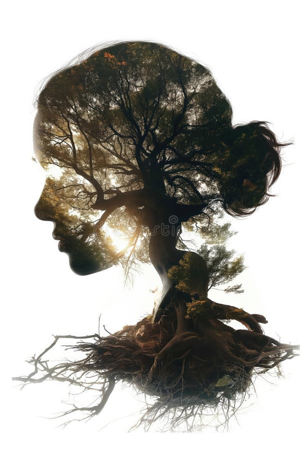 Woman merging with nature becoming a tree with roots royalty free stock photos