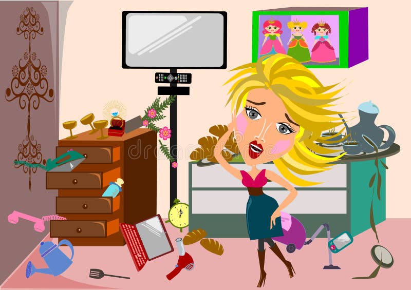 Woman in a Messy Room Cartoon Stock Illustration - Illustration of