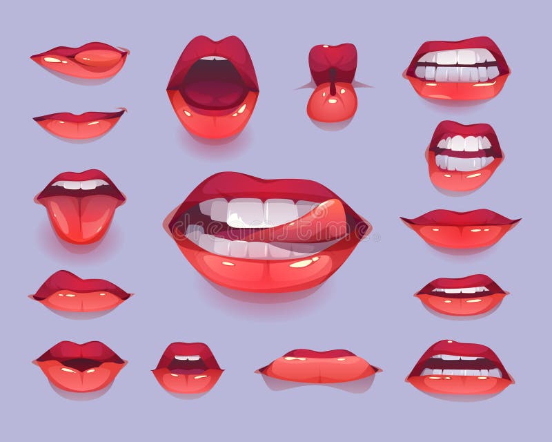 Woman mouth set. Red sexy lips expressing emotions