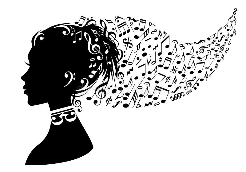 Woman head with music notes in her hair, vector background. Woman head with music notes in her hair, vector background
