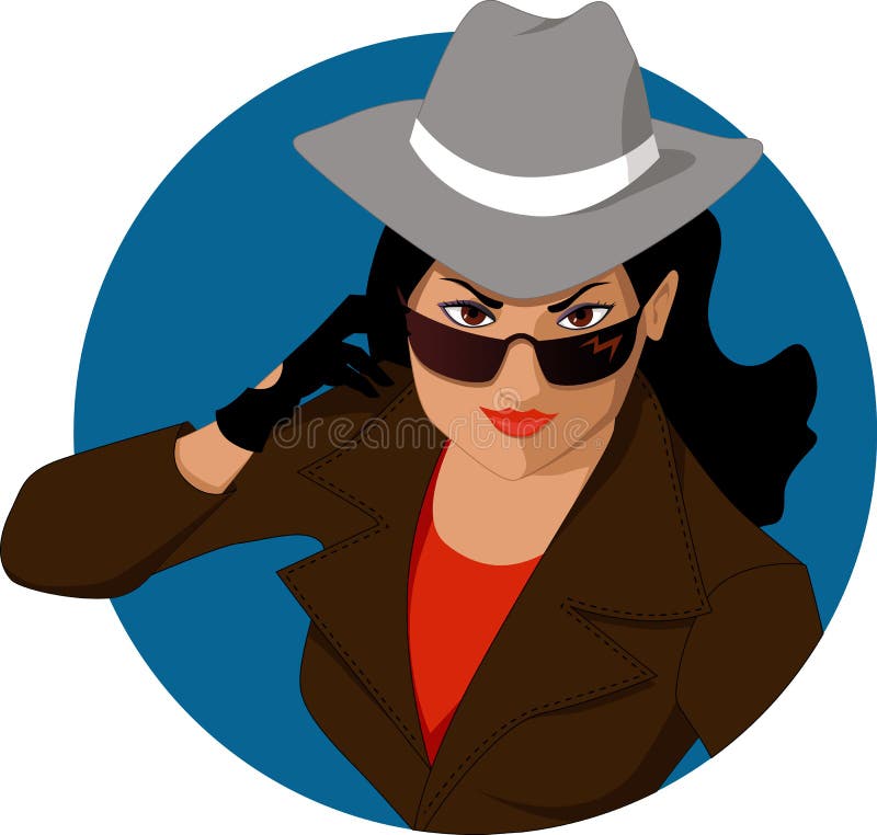 Young woman in a man's hat, trench coat and sunglasses, posing as a secret agent or a spy, cartoon. Young woman in a man's hat, trench coat and sunglasses, posing as a secret agent or a spy, cartoon