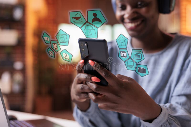Woman navigating on phone with artificial intelligence pictograms royalty free illustration