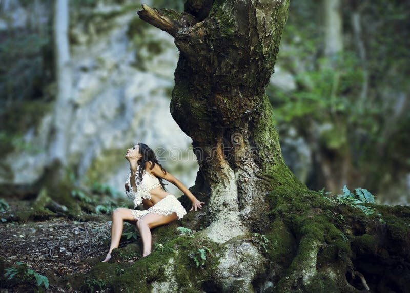 Woman near giant tree trunk in woods