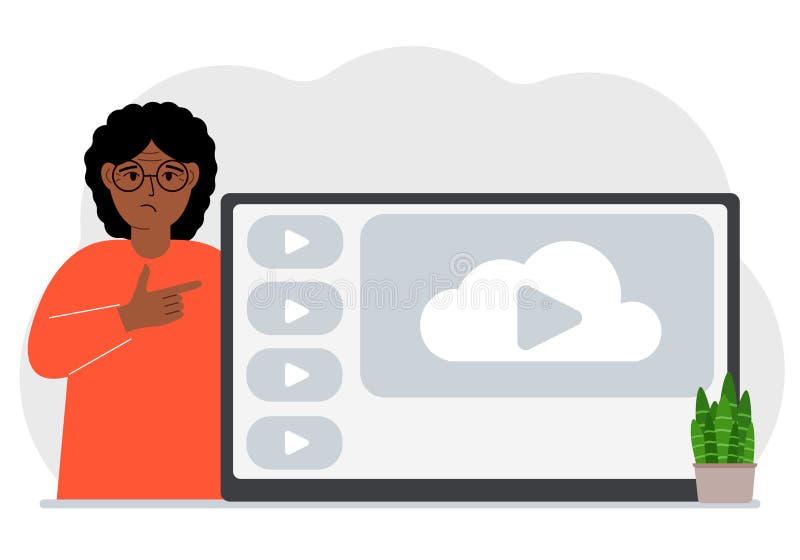 A woman near a large screen TV, tablet or computer with a video play button. The concept of watching a video, channel or royalty free illustration