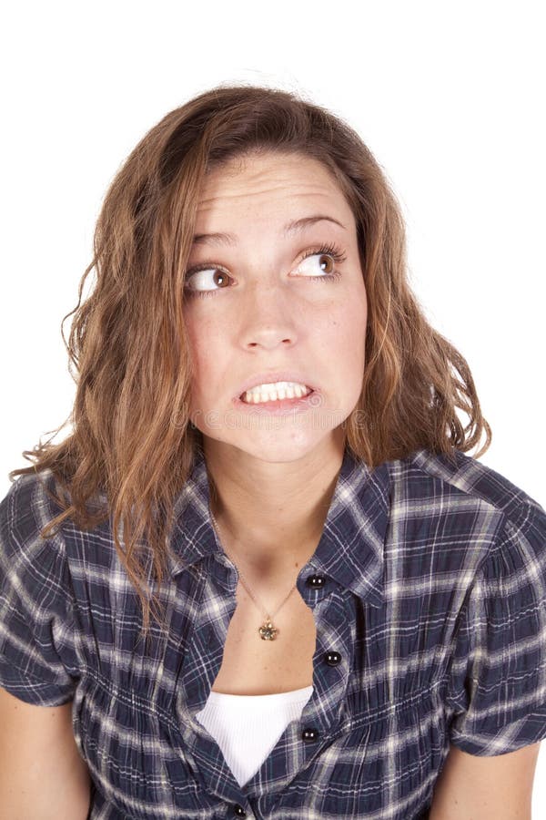 Woman nervous blue shirt