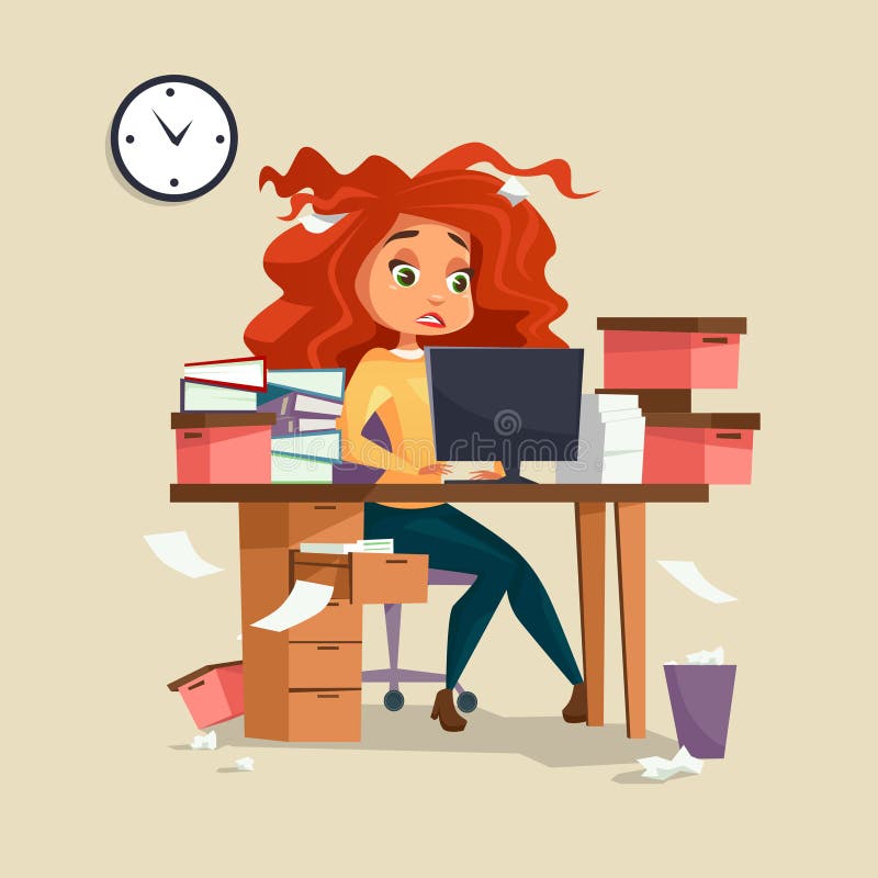 Woman in office stress illustration of cartoon girl manager working on computer with disheveled messy hair and documents piles. Overwork and deadline office work concept. Woman in office stress illustration of cartoon girl manager working on computer with disheveled messy hair and documents piles. Overwork and deadline office work concept