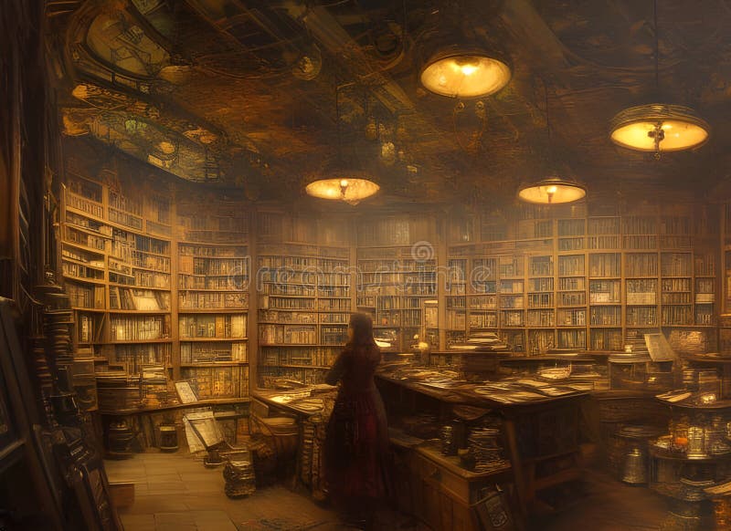 woman in an old-fashioned library with books stacked on shelves and on desks illuminated by warm glowing lamps. generative ai