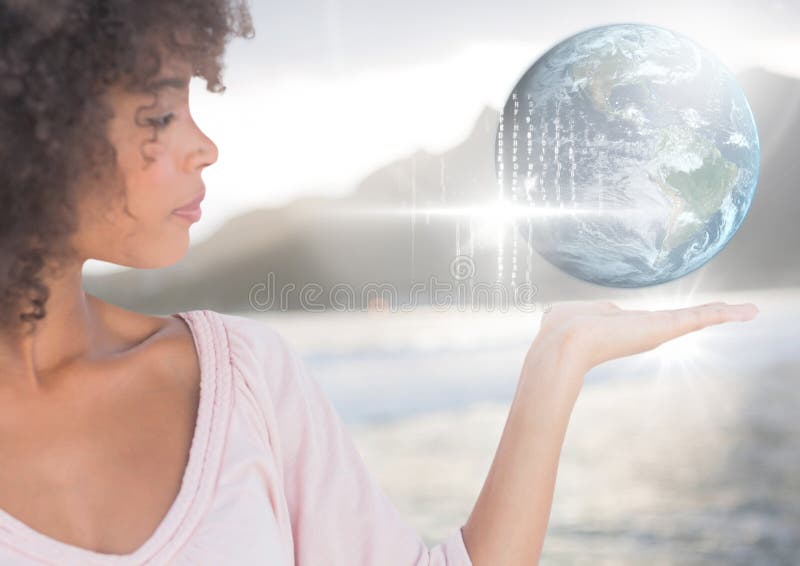 Woman with open palm hand holding world earth globe interface stock photography Woman with open palm hand holding world earth globe interface stock photography