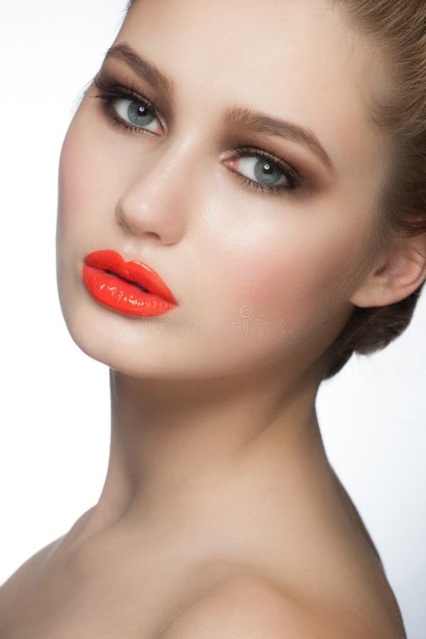 Woman with orange lipstick stock image. Image of makeup 38009589