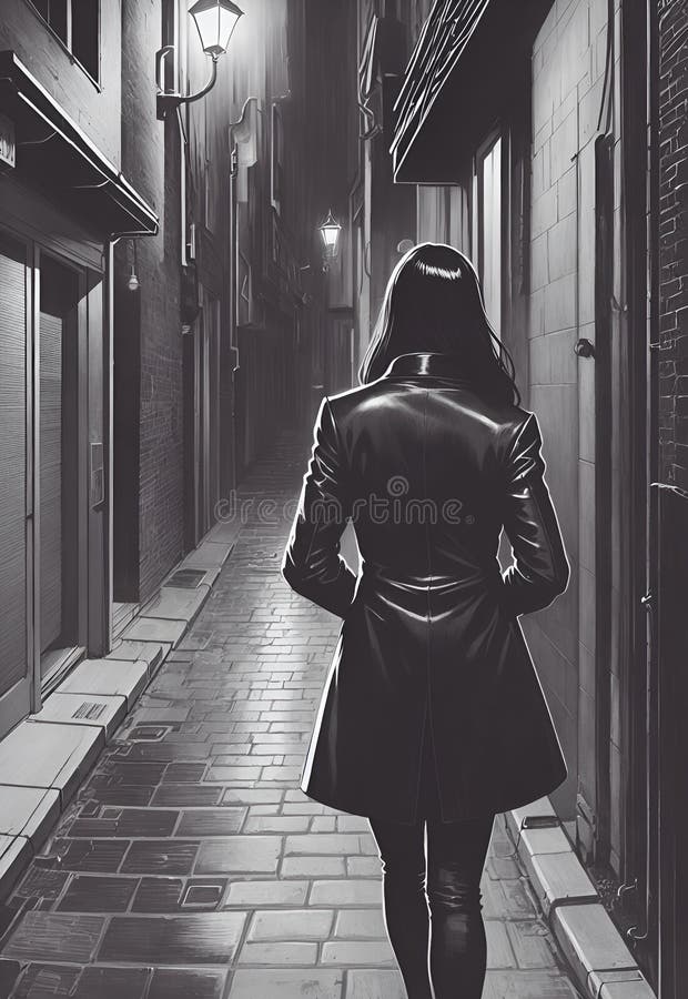 woman in overcoat walking after midnight on empty street generative AI illustration