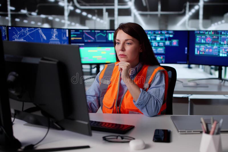 Woman Overseeing Automated Semiconductor Production Process At Factory royalty free stock photography