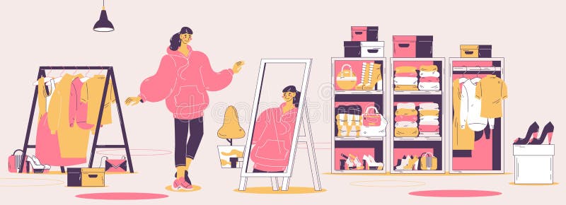 Woman in oversize hoodie watching in mirror. Concept illustration about woman contemporary casual style, youth fashion and wardrobe.
