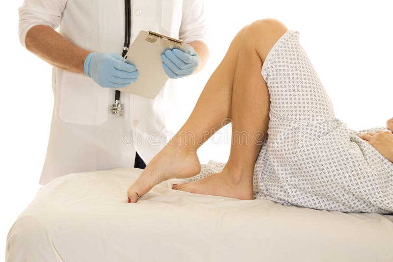 Woman patient legs doctor holding clipboard