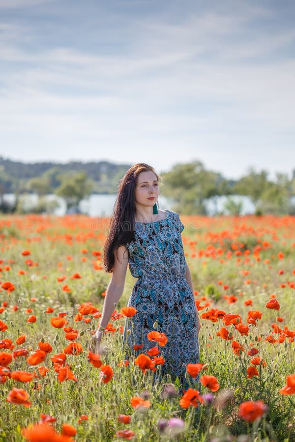 Woman in Patterned Sundress on Sunset Flower Field Stock Image - Image ...