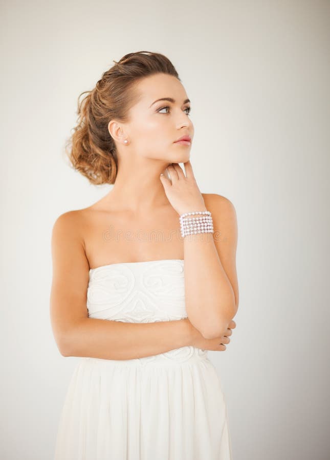 Woman with Pearl Earrings and Bracelet Stock Photo Image of