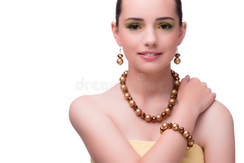 The woman with pearl necklace isolated on white royalty free stock images The woman with pearl necklace isolated on white royalty free stock images