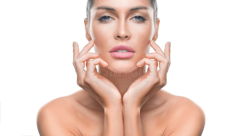 Woman with perfect skin touching her face. Anti-age skin care and tooth whitening concept.