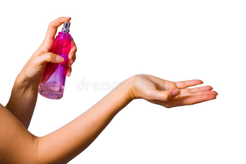 Woman hands with perfume bottle isolated on white. Woman hands with perfume bottle isolated on white