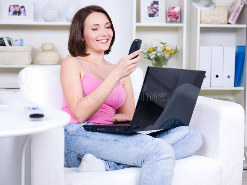 Woman With Phone And Laptop Stock Photo - Image of leisure, happy: 14057512