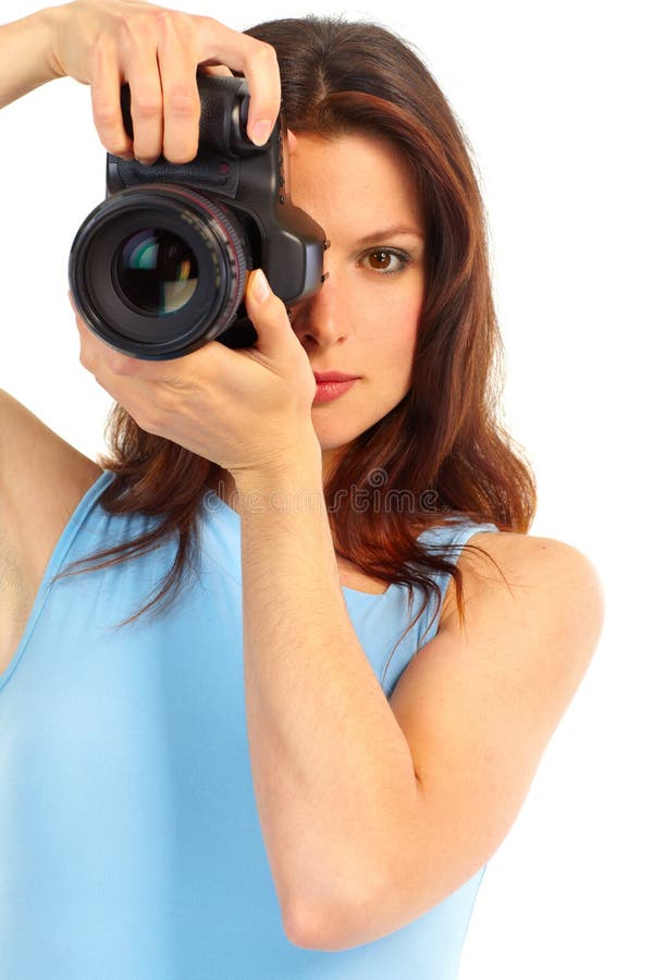 Woman with photo camera stock photo