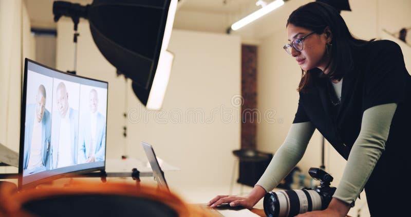 Woman, photographer and screen of computer in studio for production, editing image and retouch. Person, PC and review catalog to check picture, website selection and backstage for photoshoot results. Computer editing stock images, royalty-free photos and pictures