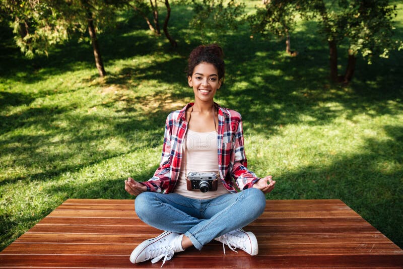 Woman Photographer Sitting Outdoors in Park Meditate Stock Image ...