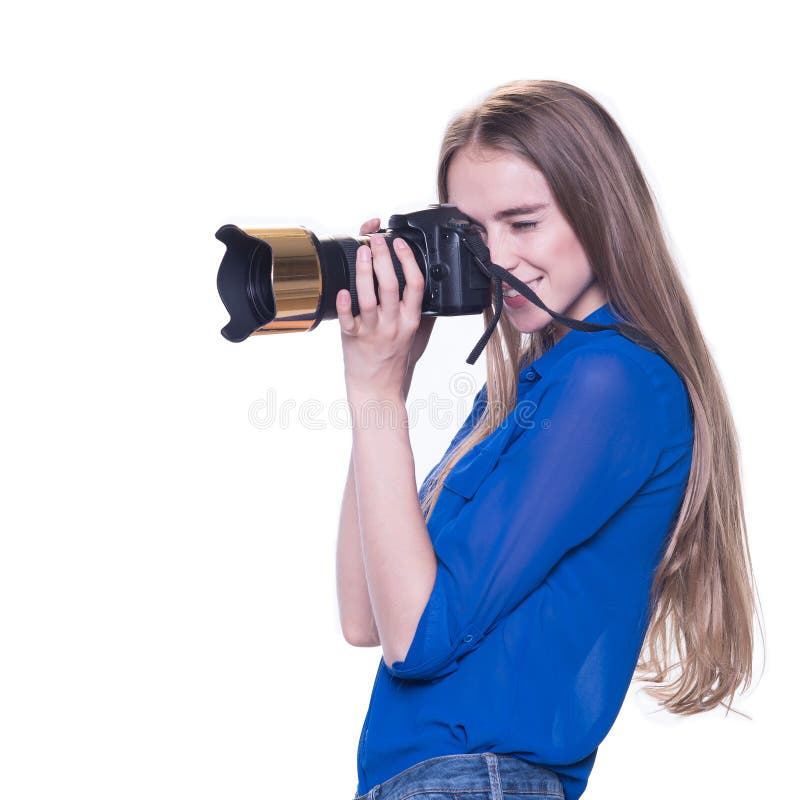 Woman photographer takes images, isolated