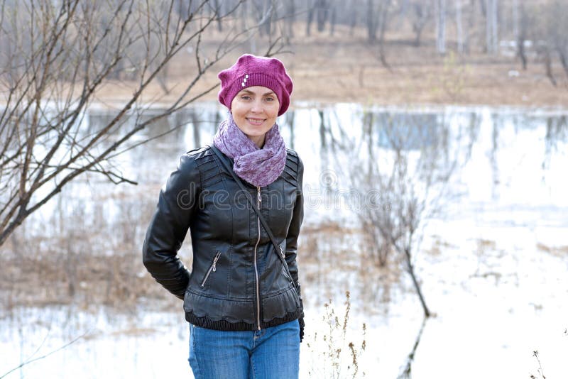 Woman Pink Beret Black Leather Jacket Stock Photos Free & Royalty