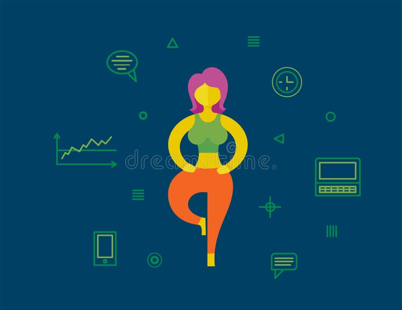A Woman with Pink Hair does Yoga in Between Working with Computer Technology. Vector Illustration stock illustration