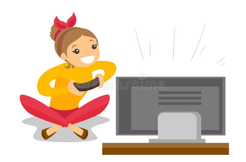 A woman playing computer games. Young woman using computer for playing games.  Cheerful woman in headphones playing online games. Vector flat design  illustration. Square layout. Royalty-Free Stock Image - Storyblocks