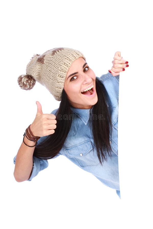 Woman pointing her finger at white billboard stock image Woman pointing her finger at white billboard stock image